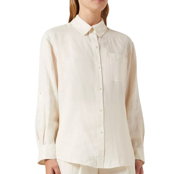 SIMKHAI Women M Linen Button Up Shirt Long Sleeve Relaxed Fit Top Ivory White - Picture 1 of 7